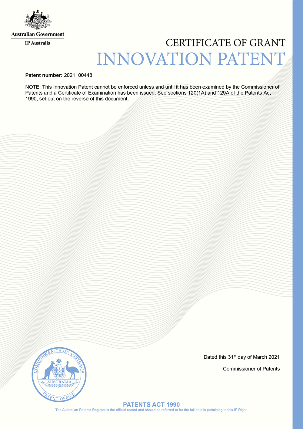 澳大利亚革新-2020-6482_2021100448_基于模糊贝叶斯网络的混凝土耐久性动态综合评价和管控方法_专利证书